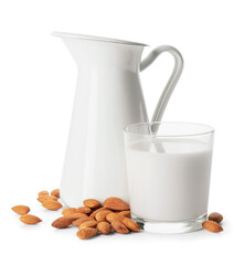 Glass and jug of tasty almond milk on white background