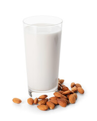 Glass of tasty almond milk on white background
