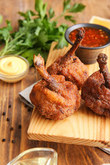 Board with tasty chicken lollipops and sauce on wooden background