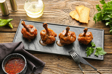 Board with tasty chicken lollipops on wooden background