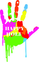 colorful Holi hand with happy Holi text with splashes of color