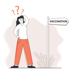 Woman making decision thinking about covid 19 vaccination.Girl standing difficult choice vaccination signpost.Coronavirus treatment and prevention. 