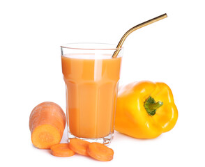 Glass of healthy smoothie with carrot and bell pepper on white background