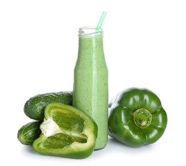 Bottle of healthy smoothie with cucumber and bell pepper on white background