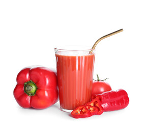 Glass of healthy smoothie with tomato and bell pepper on white background