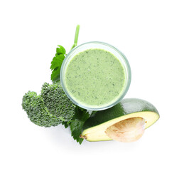 Glass of healthy smoothie with avocado and broccoli on white background