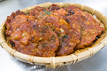 Pan roasted Korean pancake made with gochujang.