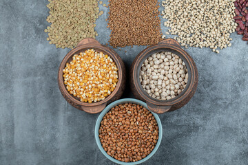 Different kinds of raw beans on a gray background