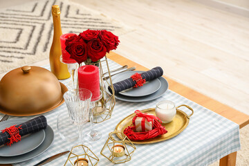 Festive table setting for Valentines Day celebration at home