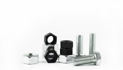 Steel bolts and nuts on a white background. Thread
