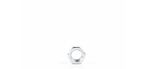 Steel nuts screws on a white background. Thread