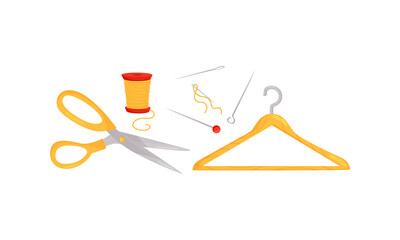 Sewing and Tailoring Accessories with Pair of Scissors and Clothes Hanger Vector Set