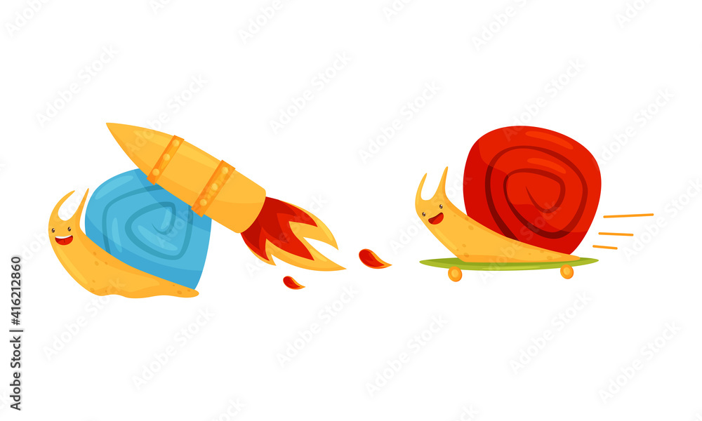 Poster fast snail with spiral shell having rocket turbine or speed booster vector set