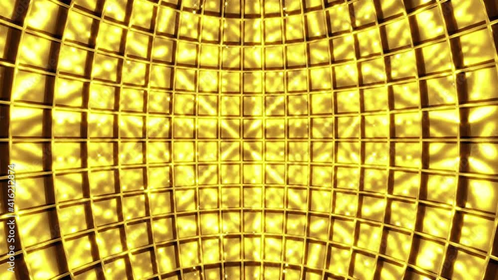 Aufkleber inside of golden disco ball, computer generated. 3d rendering rotation background