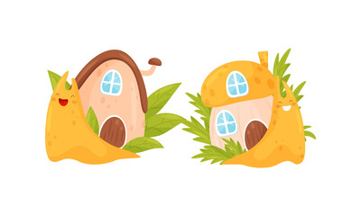 Cute Cartoon Snails Carrying House on Their Backs Vector Set