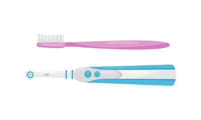 Plastic Toothbrush with Bristles and Handle as Oral Hygiene Instrument Vector Set