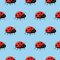 Seamless background with ladybug. Vector illustration on blue. Pattern with beetles for tissue, paper, prints and other.