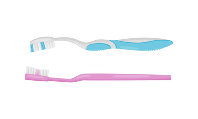 Toothbrush with Bristles and Handle as Oral Hygiene Instrument Vector Set
