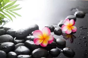 Gartenposter spa still life of with  two frangipani ,green palm and zen black stones ,wet background  © Mee Ting