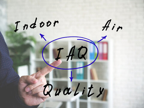  IAQ Indoor Air Quality written text. Hand gestures - man pointing on virtual object on officce background.