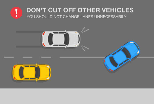 Sedan car driver cuts off an other car on a highway. Don't cut off other vehicles warning. Traffic or road rules. Top view. Changing lanes while driving a car. Flat vector illustration template. 