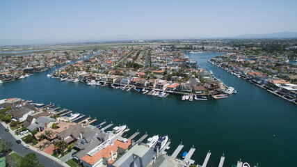 Aerial view of a neighborhood inside of a harbor