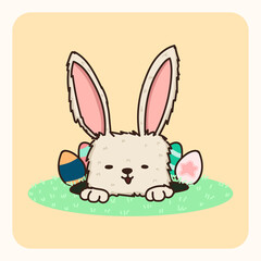 Hand drawn cute easter bunny in the hole.