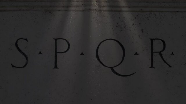 Rome symbol sign SPQR, text on white marble with low beam lights from the top and ancient air dust atmosphere