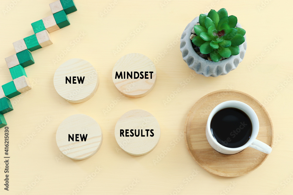 Poster concept image with new mindset new results text. top view of office table