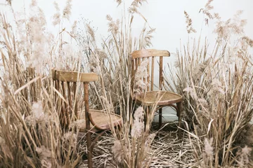 leerer dekorraum mit stühlen und trockenem gras und blumen im retro-stil © klavdiyav