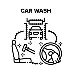 Car Wash Service Vector Icon Concept. Body Car Wash And Cleaning Salon And Steering Wheel. Washing Technology Automation Station For Clean Vehicle, Carwash Equipment And Accessories Black Illustration