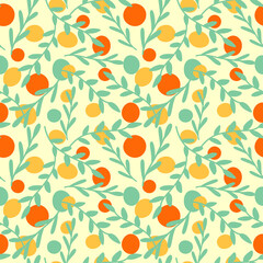 Vector leaves and spots seamless pattern on yellow background. Warm colors botanical print for textile, fabric, wrapping, paper, wallpaper and decoration.