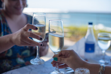 two woman making a toast during a celebration