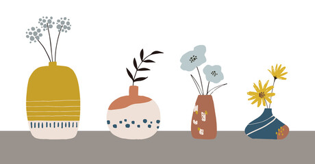 Hand drawn retro flowers and vases. Whimsical and quirky flowers and vases in retro modern colors.