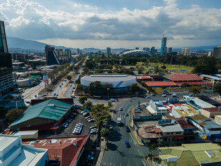 Beautiful aerial view of the City of San Jose Costa Rica, Its park Sabana, buildings at sunset 