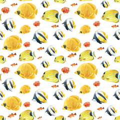 Beautiful seamless underwater pattern with cute watercolor colorful fish. Stock illustration.