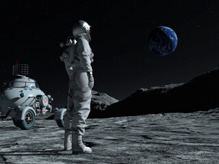 Astronaut at the spacewalk on the moon looking at the earth. Next to him a moon vehicle.