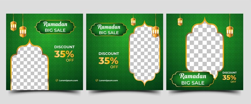 Social media post template set for Ramadan. Promotion banner design with lantern illustration and Islamic pattern. Usable for social media, flyers, and banners. Vector design with photo collage
