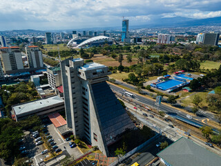Beautiful aerial view of the City of San Jose Costa Rica, Its park Sabana, buildings at sunset 