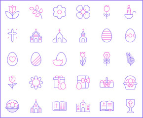 Set of easter and Christianity icons line style. It contains such Icons as eggs, religion, bunny, gifts, spring, rabbit, celebration, decoration, church and other elements. 