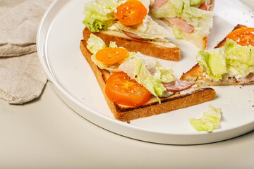 Close-up tasty toast with beef, ice salad and tomatoes. Delicious and healthy breakfast. Snack. Organic food.