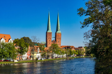 Fototapeta na wymiar View of the Old Town pier architecture in Lubeck, Germany
