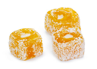 Yellow Turkish Delight sweets isolated on white