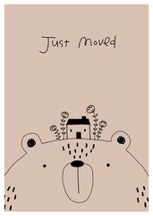 Hand drawn illustration of whimsical bear and little house, with texts of 