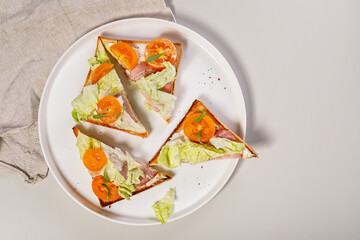 Tasty toast with beef, ice salad and tomatoes. Delicious and healthy breakfast. Snack. Organic food. Top view. Copy space