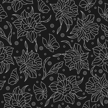 Seamless pattern with  narcissuses and butterflies, light contoured flowers and butterflies on dark background