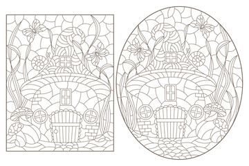 A set of contour illustrations with dwarf houses on a background of mushrooms and grass, dark outlines on a white background