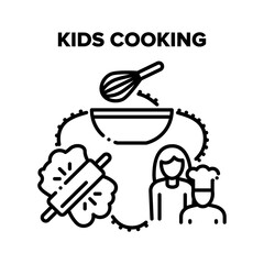 Kids Cooking Vector Icon Concept. Kids Cooking And Preparing Dough And Cream, Bake Cookies And Cake Dessert In Kitchen With Mother Woman. Cook Educational Lesson Black Illustration