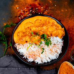 Indian butter chicken curry with basmati rice on dark background. Traditional homemade food concept.