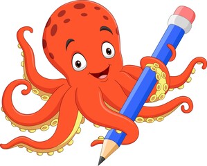 Cartoon happy octopus holding pencil